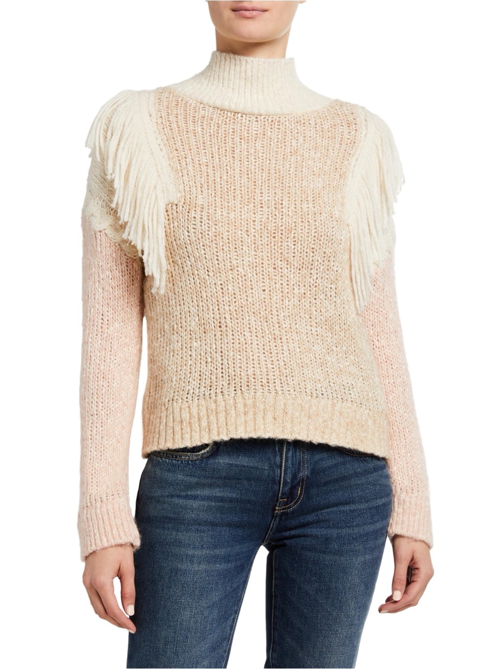 NWOT Rebecca Taylor Cream, Brown, and Pale Pink Fringe Mock Neck Knit Sweater